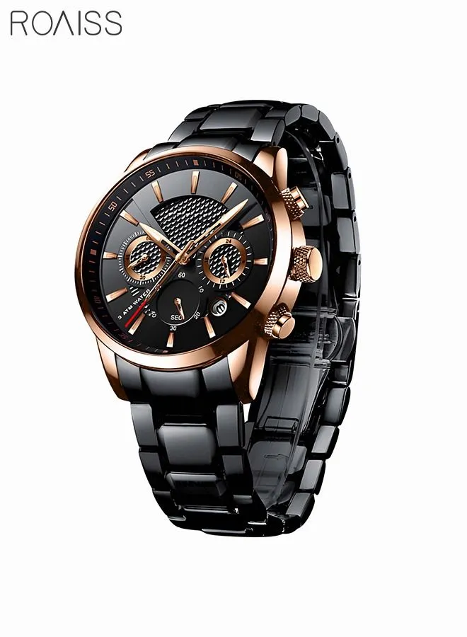 roaiss Men's Business Casual Chronograph Quartz Waterproof Wristwatch Black Stainless Steel Strap