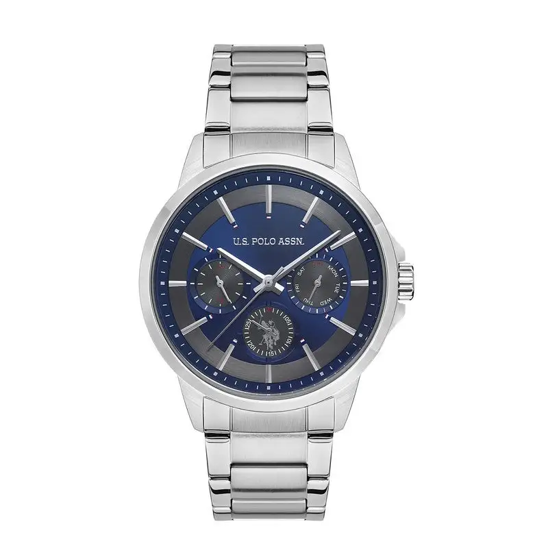 U.S. Polo Assn. USPA Analog Watch For Men With Blue Grey Dial And Silver Steel Band 44 MM- 5 Atm Water Resistance - USPA1000-03