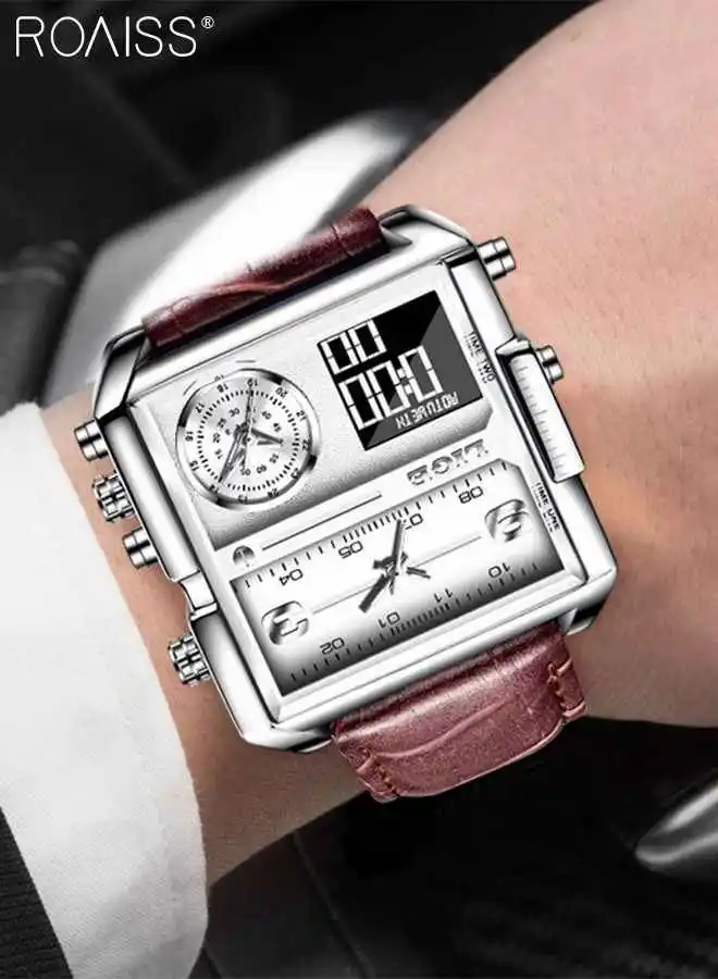 roaiss Mens Leather Strap Digital Quartz Watch Analog Digital Display Square Silver Dial Waterproof Luminous Watches