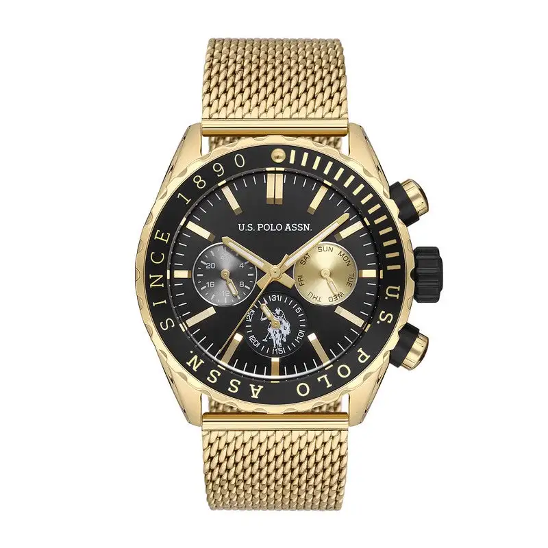 U.S. Polo Assn. USPA Analog Watch For Men With Black Dial And Gold Mesh Band 46 MM- 5 Atm Water Resistance - USPA1025-06