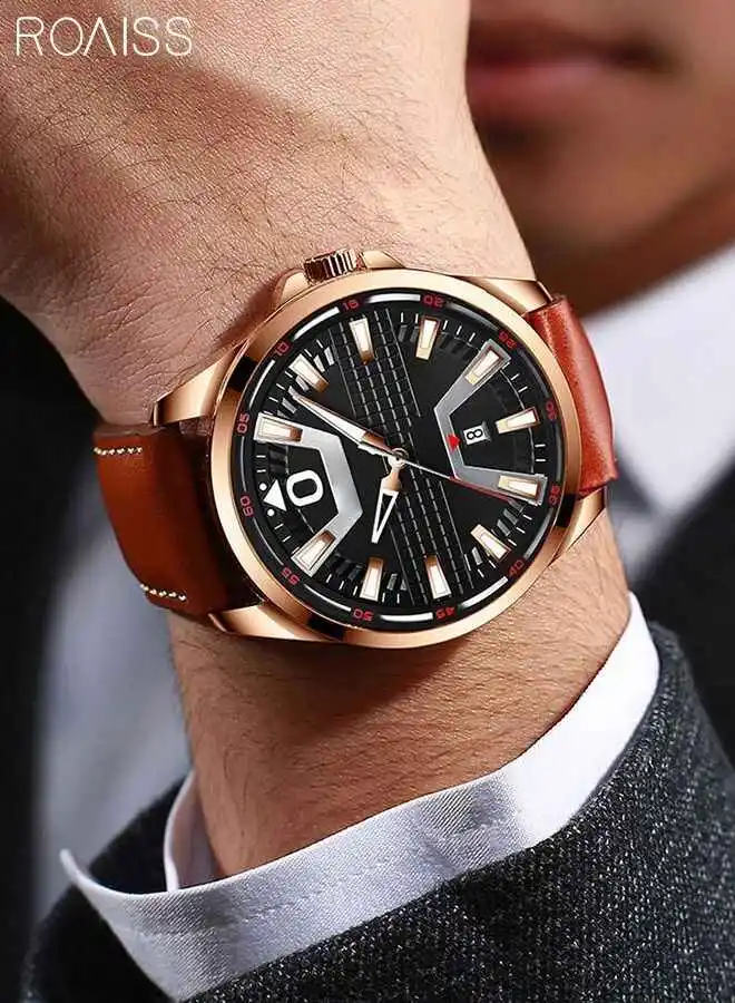 roaiss Men's Leather Strap Quartz Watch Analog Display Round Rose Gold Dial Waterproof Luminous Wristwatch as Gifts