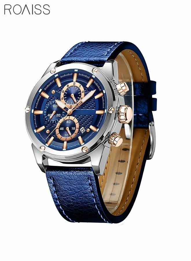 roaiss Men Business Casual Wristwatche Multifunction Waterproof Luminous Calendar Leather Band Fashion Watch