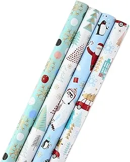 Hallmark Holiday Wrapping Paper Bundle with Cut Lines on Reverse, Quirky Christmas (Pack of 4, 120 sq. ft. ttl) Yeti, Santa, Penguin, Snowflakes, Blue, Gold