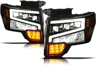 Alpha Owls 7162952 Tri-Pro Series Full LED Projector Headlights With White LED Light Bar & Sequential Signal - Black Amber Fits 2009-2014 Ford F150 Halogen Models