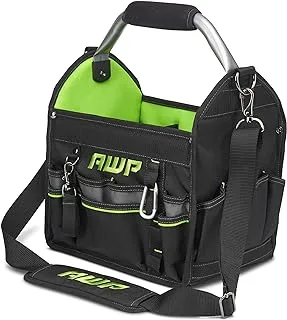 AWP 12 Inch Pro Tool Tote with Rotating Handle for Easy Tool Access, Water-Resistant Construction, Black/Green