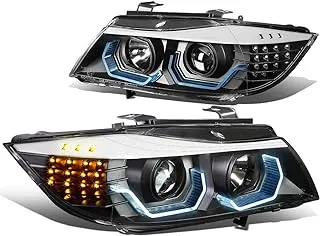 DNA MOTORING HL-3D-E9005-BK-NEW LED ثلاثي الأبعاد U-Halo أسود الإسكان مصباح أمامي كهرماني LED إشارة الانعطاف الأزرق LED U-Light متوافق مع 06-08 323i / 05-08 325i سيدان ذات 4 أبواب