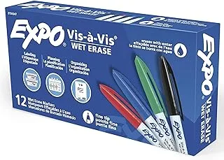 EXPO Vis-à-Vis Wet Erase Markers, Fine Point, Assorted Colors, 12 Count