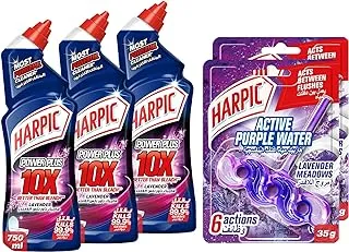 Harpic Lavender Spring Toilet Cleaner Liquid Power Plus, 750 ml (Pack of 3) + Harpic Toilet Rim Block, Lavender, 35 gm (Pack of 2)