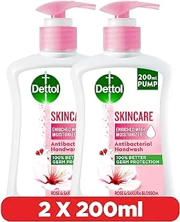 Dettol Skincare Handwash Liquid Soap Pump for Effective Germ Protection & Personal Hygiene, Protects Against 100 Illness Causing Germs, Rose & Sakura Blossom Fragrance, 200ml, Pack of 2