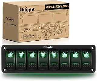 Nilight 8 Gang Rocker Switch Panel 5Pin On Off Toggle Switch Aluminum Holder 12V 24V Dash Pre-Wired Green Backlit Switches for Automotive Cars Marine Boats RVs Truck, 2 Years Warranty