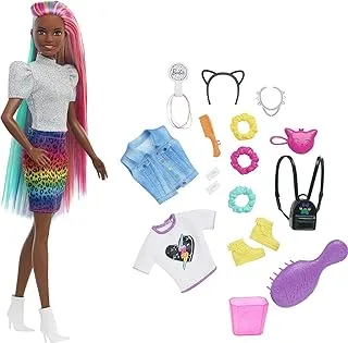 Barbie Leopard Rainbow Hair Doll (Brunette) with Color-Change Hair Feature, 16 Hair & Fashion Play Accessories Including Scrunchies, Brush, Fashion Tops, Cat Ears, Cat Purse & More