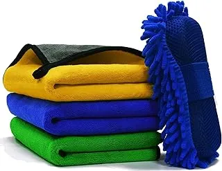 ECVV Microfiber Cleaning Cloth For Cars With Washing Sponge, Multicolor, (3+1) Set (40X40 Cm)