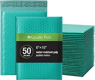 Quality Park Bubble Mailers, 6 x 9 Shipping Envelopes, Water Resistant Teal Poly Padded Envelopes, Redi-Strip Peel Off Closure, 50 Per Box (QUA85857)