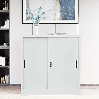 RIGID Steel Sliding Door Cupboard Low Hight Steel Filing Cabinet with Shelves Storage (White)