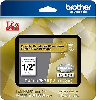 Brother P-Touch TZe-PR831 Black Print on Premium Laminated Tape 12mm (0.47”) Wide x 8m (26.2’) Long, Glitter Gold, TZEPR831