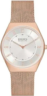 ساعة Skagen الرجالية Grenen فائقة النحافة بعقربين، على الأقل 50% من الفولاذ المقاوم للصدأ المعاد تدويره وحزام شبكي من الفولاذ المقاوم للصدأ، حجم الهيكل 37 مم، ذهبي وردي، مقاس واحد، سوار