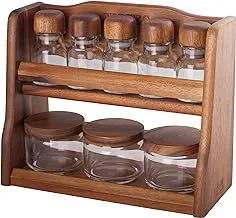 Billi 5 Pcs Spice Bottles & 3 Pcs Canister Set With Wooden Lid And Rack Aca-Og55/3-Sp5, Brown