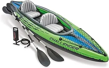 INTEX Challenger Inflatable Kayak Series: Includes Deluxe 86in Kayak Paddles and High-Output Pump – SuperStrong PVC – Adjustable Seat with Backrest – Removable Skeg – Cargo Storage Net