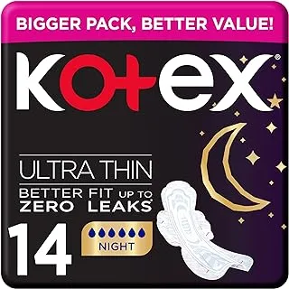 Kotex Ultra Thin Pads, Overnight Protection Sanitary Pads with Wings, 14