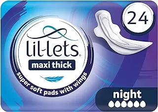 Lil-Lets Maxi Thick Night Sanitory Pads - Super Soft Cotton With Wings Superior Comfort fast Abosorption Leak Proof Protection Skin Friendly Fragrance Free 24 Units