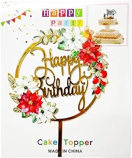 PARTY TIME - Gold and Red Flower Happy Birthday Design Cake Topper For All Occasions like Birthdays, Baby Shower, Wedding and Anniversary