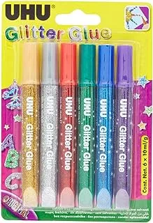 Uhu Glitter Glue Original, 6 Colours X 10ml, Brilliant Effects For Craft, Slime, Decoration And Creative Design, Safe - Dermatologically Tested, Soft Pen With Precision Tip