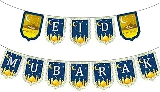 PARTY TIME - 1 Set Eid Mubarak Banner, Eid Mubarak Decoration, Muslim Islamic Paper Garland for Ramadan Mubarak Party Decoration Supplies for Eid Party Hanging Bunting Banner (Gold & Drak Blue)