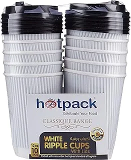 Hotpack Disposable Paper Ripple White Cup 12 ounce with Black Lid, 10 Pieces for Hot & Cold Drinks, Coffee & Tea.