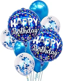 PARTY TIME - Pack of 8 with Blue Colored Happy Birthday Foil Balloons with Latex and Confetti Balloons Sets for Bridal Shower Decorations, Birthday Party Decorations