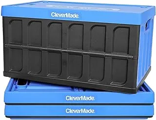 CleverMade Collapsible Storage Bin (With Lid), Neptune Blue, 3PK - 46L (12 Gal) Folding Plastic Stackable Utility Crates, Holds 75lbs Per Bin - Solid Wall CleverCrates for Organizing, Storage, Moving