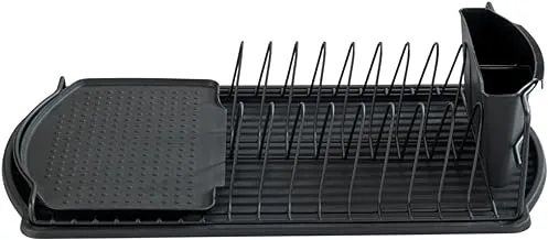 WENKO Basic Dish Drainer, Powder-Coated Metal, Compact, Detachable Cutlery Basket, Home & Kitchen Helper, 47.5x11x26.5cm, Black