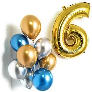 PARTY TIME - Number 6 Gold Foil Balloon Numbers Set - 16 Inch | Pack of 9 Latex Balloons 12