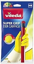 Vileda Super Grip Reusable Gloves M, Flexible, Waterproof Rubber Latex, Tear-Proof, Excellent Grip, Medium Size, Yellow (1 Pair Per Pack)