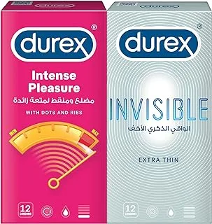 Durex Invisible Extra Thin Lubricated Condom, Pack Of 12 + Durex Intense Pleasure Condom, Pack Of 12