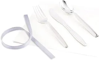 Silver Plastic Cutlery Set Wrapped with White Napkin & Ribbon - Set, 7.3