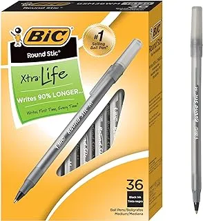 BIC Round Stic Xtra Life Black Ballpoint Pens, Medium Point (1.0mm), 36-Count Pack of Bulk Pens, No. 1 Selling Ballpoint Pens