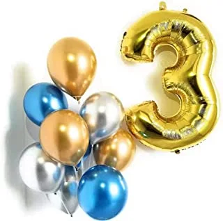 PARTY TIME - Number 3 Gold Foil Balloon Numbers Set - 16 Inch | Pack of 9 Latex Balloons 12