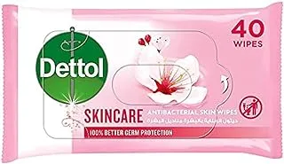 Dettol Skincare Antibacterial Skin Wipes for Use on Hands, Face, Neck etc, Protects Against 100 Illness Causing Germs, Pack of 40 Water Wipes