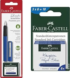 Faber-Castell Fountain Pen Blue Design Medium Nib + 6 Blue Ink Cartridges, School+, F149811 & Ink Catridge Blister Of 18Pc Blue,Erasable Ink Cartridge, 201621, Royal Blue Erasable, 66 X 110 X 30 Mm