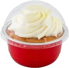 Premium 5-Oz Baking Cups With Lids - Round Foil Baking Cups & Lids Perfect For Fancy Desserts, Appetizers, Or Mini Snacks - Red Cup With Clear Lid - Oven & Freezer Safe - Recyclable - 100-Ct