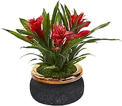 Nearly Natural Mini 11In. Bromeliad Artificial Stoneware Planter Silk Plants, Red