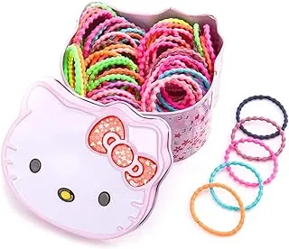 Yellow Chimes Pack of 100 Pcs Neon Colors Small Pony Holders Rubber Band with Kitty Tin Storage Box and an Organizer Pouch.