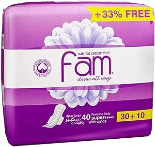 Fam classic with wings natural cotton feel, super sanitary pads, 40 pads 33%off