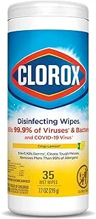 Clorox Disinfecting Wipes, 35 Wet Wipes, Crisp Lemon, Kills 99.9% of Viruses and Bacteria, Bleach Free