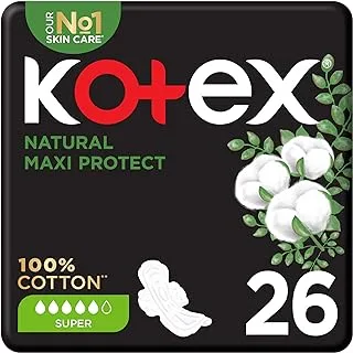 Kotex Natural Maxi Protect Thick Pads, 100% Cotton Pad, Super Size with Wings, 26 Sanitary Pads