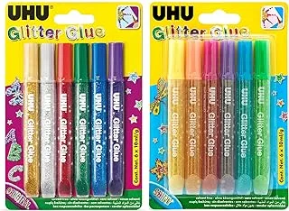 عبوة قيمة UHU GLITTER GLUE × 2 ، أصلي + لامع - 12 لونًا × 10 مل ، تأثيرات لمعان فائقة اللمعان للحرف اليدوية ، والحيوية ، والديكور والتصميم الإبداعي ، وآمنة - تم اختبارها من قبل أطباء الجلدية