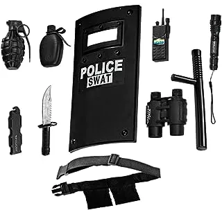 Dress Up America One Police Officer Role Play Set - Includes Swat Shield, Adjustable Belt, Flashlight & More, Durable Plastic Construction, Police Force Halloween Uniform Accessories For Kids