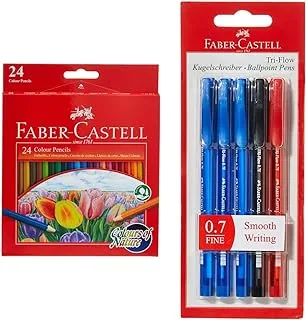 Faber Castell Colours Of Nature Colour Pencils 24 Colour In A Cardboard Box,Assorted Designs, 114426 & Faber-Castell Tri-Flow Ball Pen 0.7Mm Blister Of 5Pc Assorted (3 Blue + 1 Black + 1 Red)