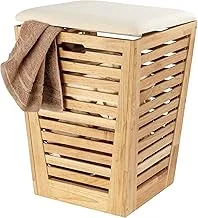 WENKO Norway Laundry Bin with Cushion, Walnut Wood, Household and Bathroom Clothes Storage Box, Comfortable Padded Seat, 40x56x40cm, Walnut