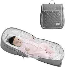 Sunveno Portable Baby Bed & Bag Foldable Crib Bassinet Backpack Travel Bed Backpack Bed Baby Essentials Cotton Mattress Newborn 0-12 Months Sea Grey